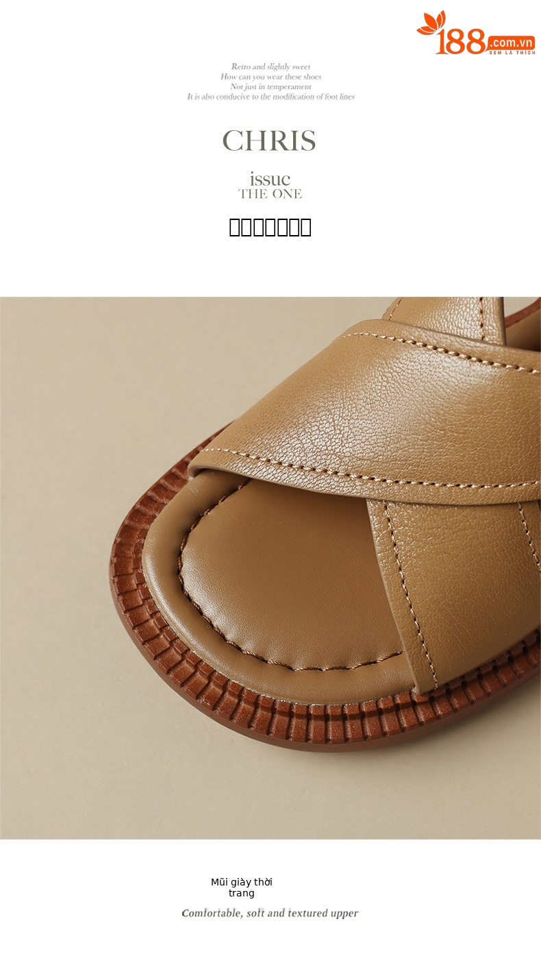 Sandal hở mũi nữ gót thấp 3.5 cm quai chéo da cừu phong cách La Mã — màu trắng ngà chi tiết 13