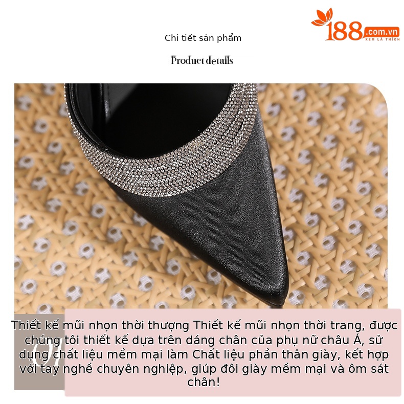 Sandal cao gót nữ mũi nhọn đính đá, quai một dây ngang, đế platform, gót nhọn 10 cm — Champagne-10cm chi tiết 3