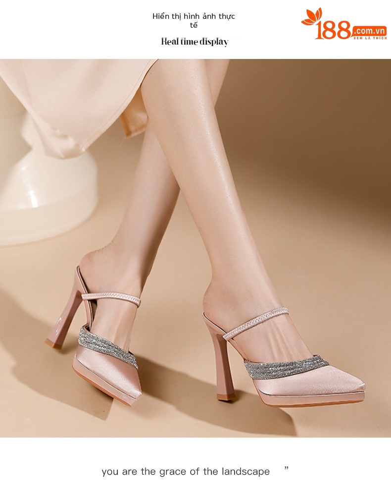 Sandal cao gót nữ mũi nhọn đính đá, quai một dây ngang, đế platform, gót nhọn 10 cm — Champagne-10cm chi tiết 5
