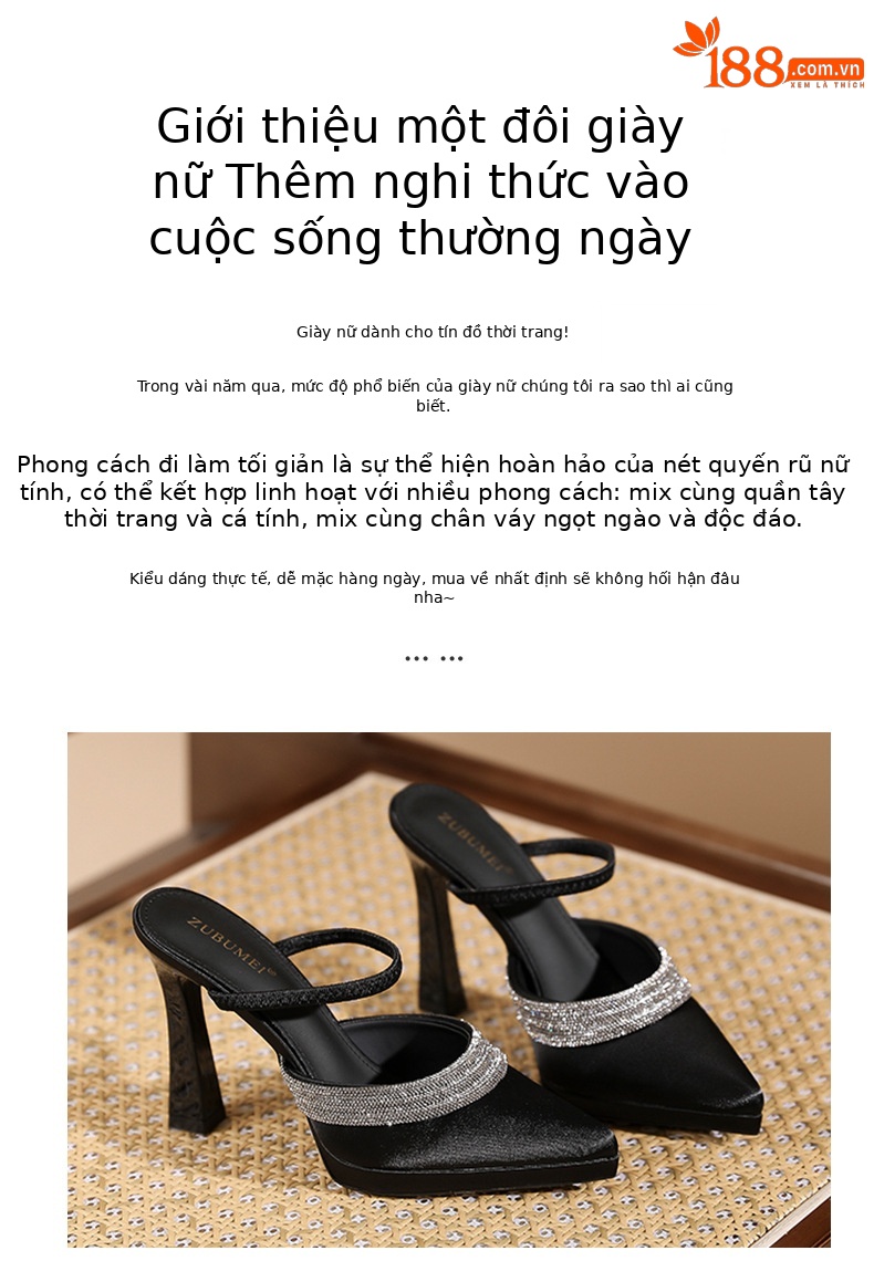 Sandal cao gót nữ mũi nhọn đính đá, quai một dây ngang, đế platform, gót nhọn 10 cm — Champagne-10cm chi tiết 2