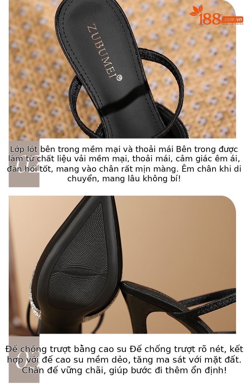 Sandal cao gót nữ mũi nhọn đính đá, quai một dây ngang, đế platform, gót nhọn 10 cm — Champagne-10cm chi tiết 4