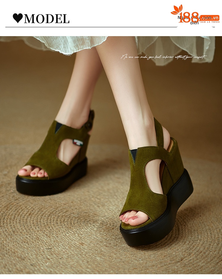 Sandal cao gót nữ hở mũi đế xuồng tăng chiều cao, phong cách La Mã, gót 9 cm — màu đen, xanh lá cây chi tiết 8