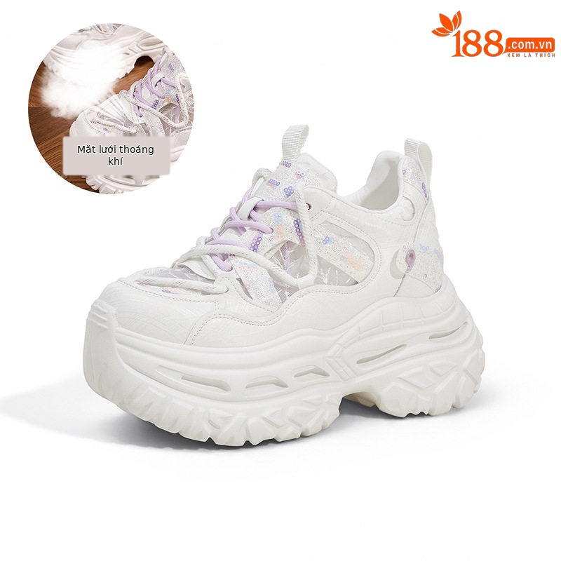 Giày sneaker nữ chunky đế dày phong cách thể thao, mũi tròn, dây buộc, đế cao siêu cao 8cm — Trắng Tím, Xám Xanh
