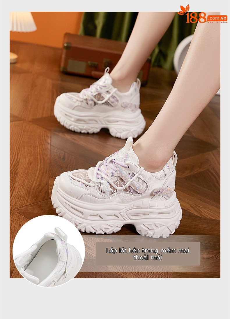 Giày sneaker nữ chunky đế dày phong cách thể thao, mũi tròn, dây buộc, đế cao siêu cao 8cm — Trắng Tím, Xám Xanh chi tiết 5