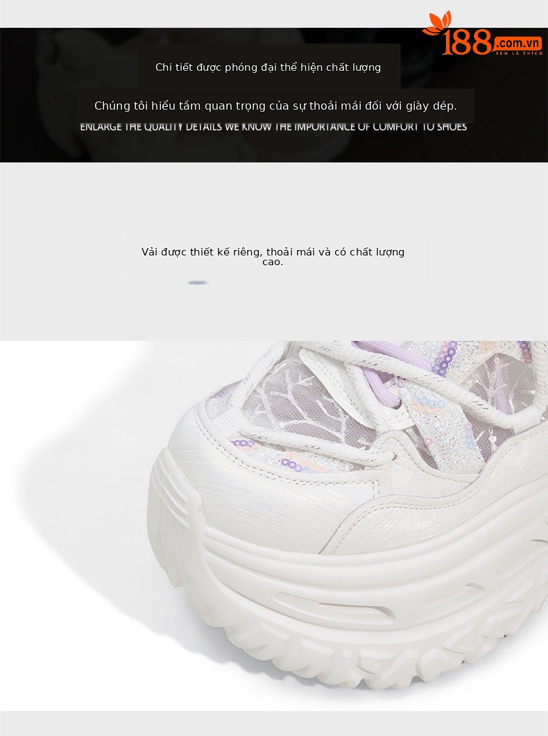 Giày sneaker nữ chunky đế dày phong cách thể thao, mũi tròn, dây buộc, đế cao siêu cao 8cm — Trắng Tím, Xám Xanh chi tiết 6