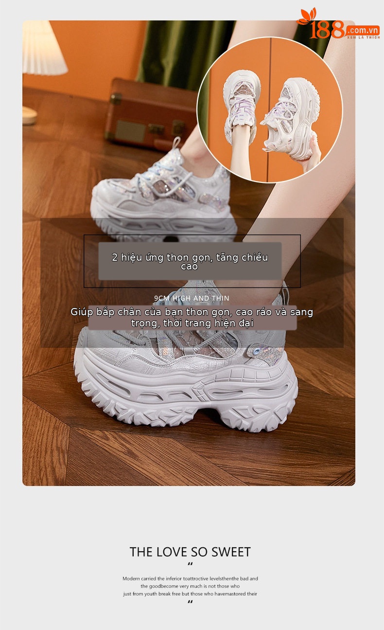 Giày sneaker nữ chunky đế dày phong cách thể thao, mũi tròn, dây buộc, đế cao siêu cao 8cm — Trắng Tím, Xám Xanh chi tiết 9