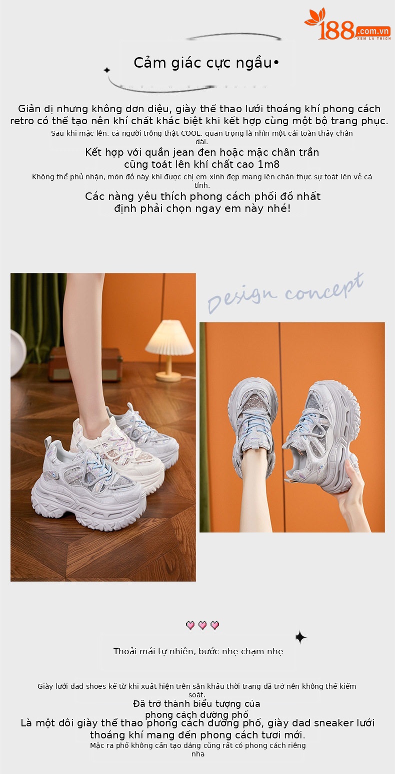 Giày sneaker nữ chunky đế dày phong cách thể thao, mũi tròn, dây buộc, đế cao siêu cao 8cm — Trắng Tím, Xám Xanh chi tiết 4