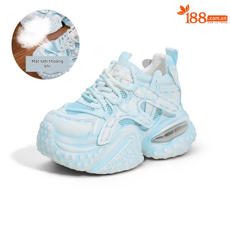 Giày sneaker nữ đế dày chunky lưới thoáng khí tăng chiều cao — Xanh dương, Trắng, Xám bạc, Xanh neon