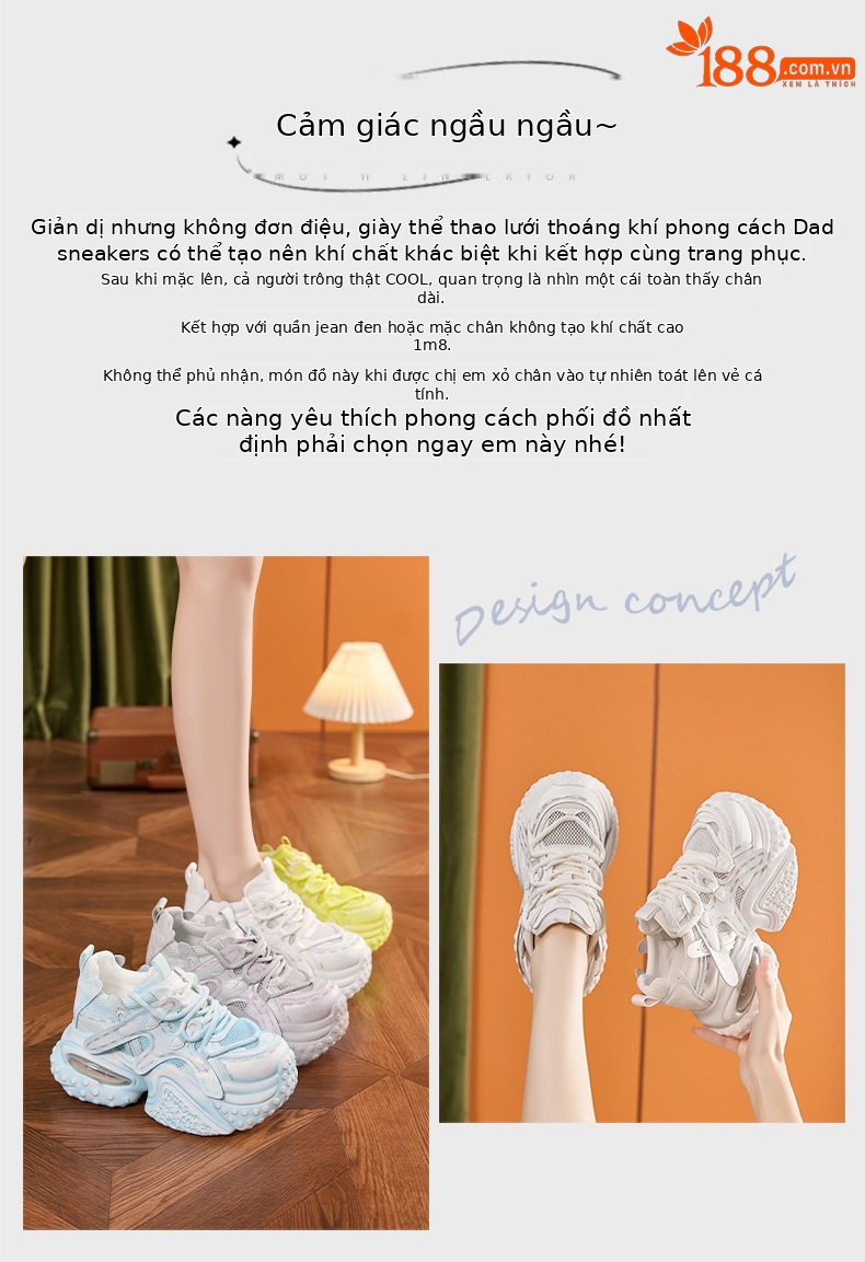 Giày sneaker nữ đế dày chunky lưới thoáng khí tăng chiều cao — Xanh dương, Trắng, Xám bạc, Xanh neon chi tiết 4
