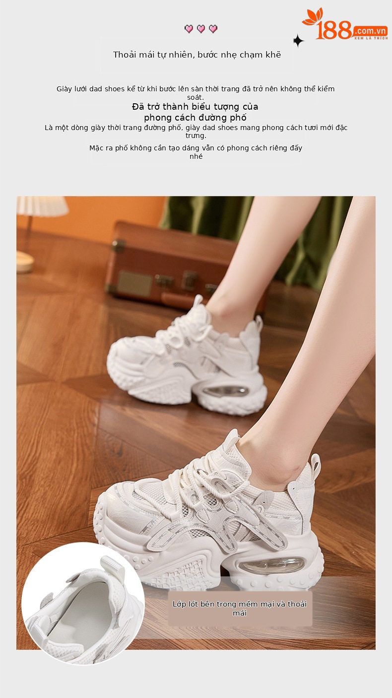 Giày sneaker nữ đế dày chunky lưới thoáng khí tăng chiều cao — Xanh dương, Trắng, Xám bạc, Xanh neon chi tiết 5
