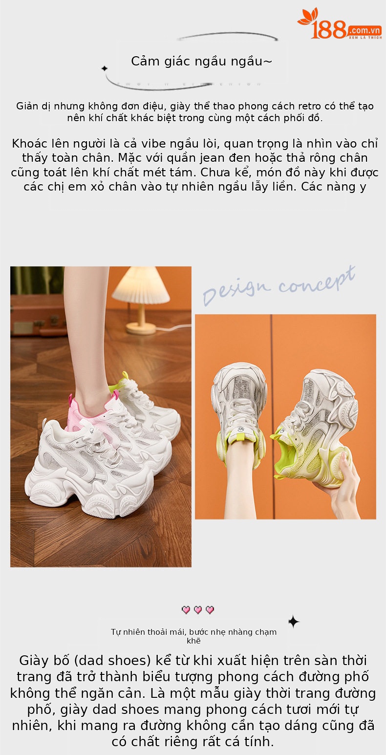 Giày sneaker nữ chunky đế dày phối màu cổ điển, đế cao 8 cm — Xanh lá, Đỏ, Xám chi tiết 4