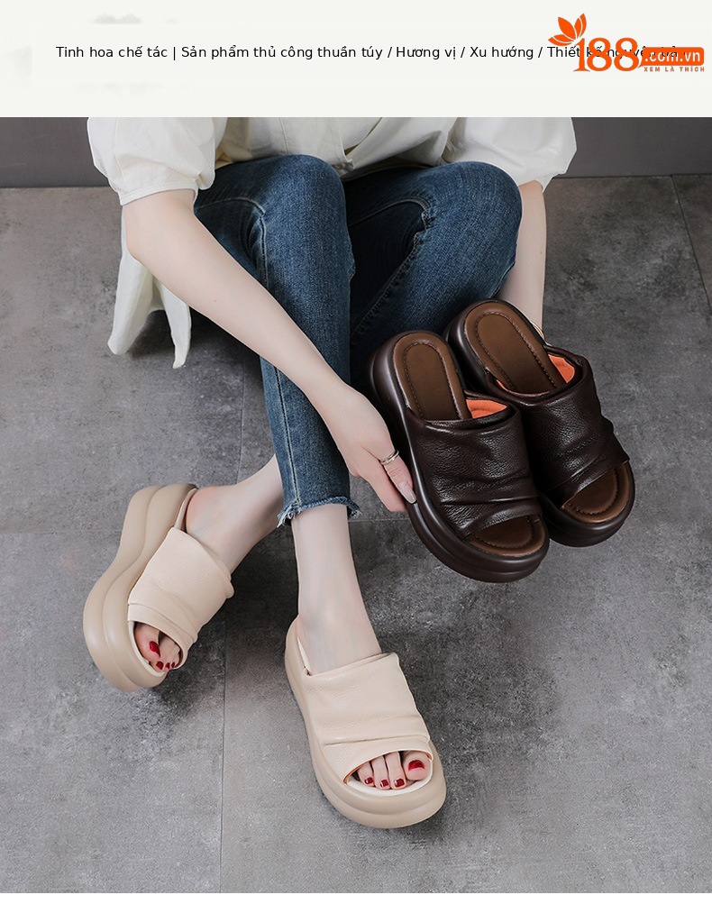 Dép sandal nữ đế xuồng cao gót da bò thật — màu be chi tiết 1