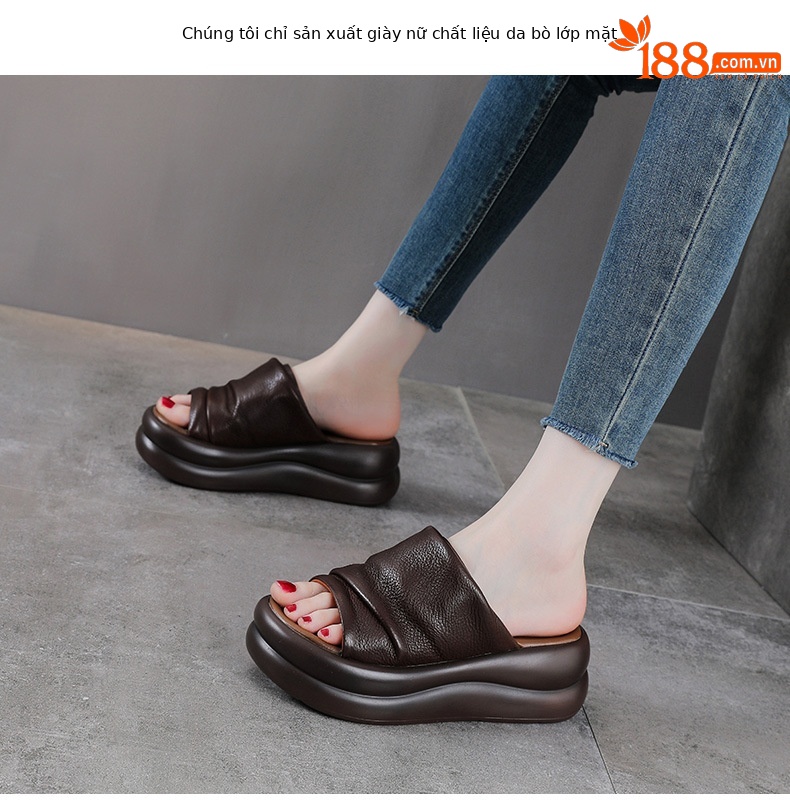 Dép sandal nữ đế xuồng cao gót da bò thật — màu be chi tiết 2