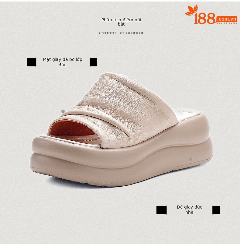 Dép sandal nữ đế xuồng cao gót da bò thật — màu be chi tiết 3