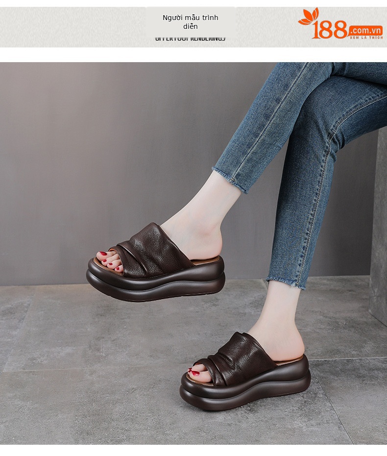 Dép sandal nữ đế xuồng cao gót da bò thật — màu be chi tiết 9
