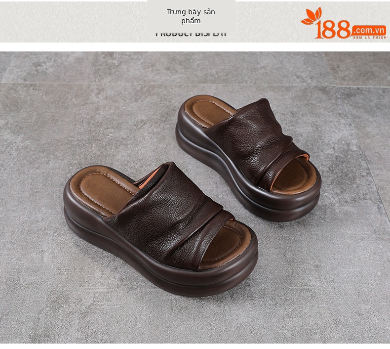 Dép sandal nữ đế xuồng cao gót da bò thật — màu be chi tiết 10