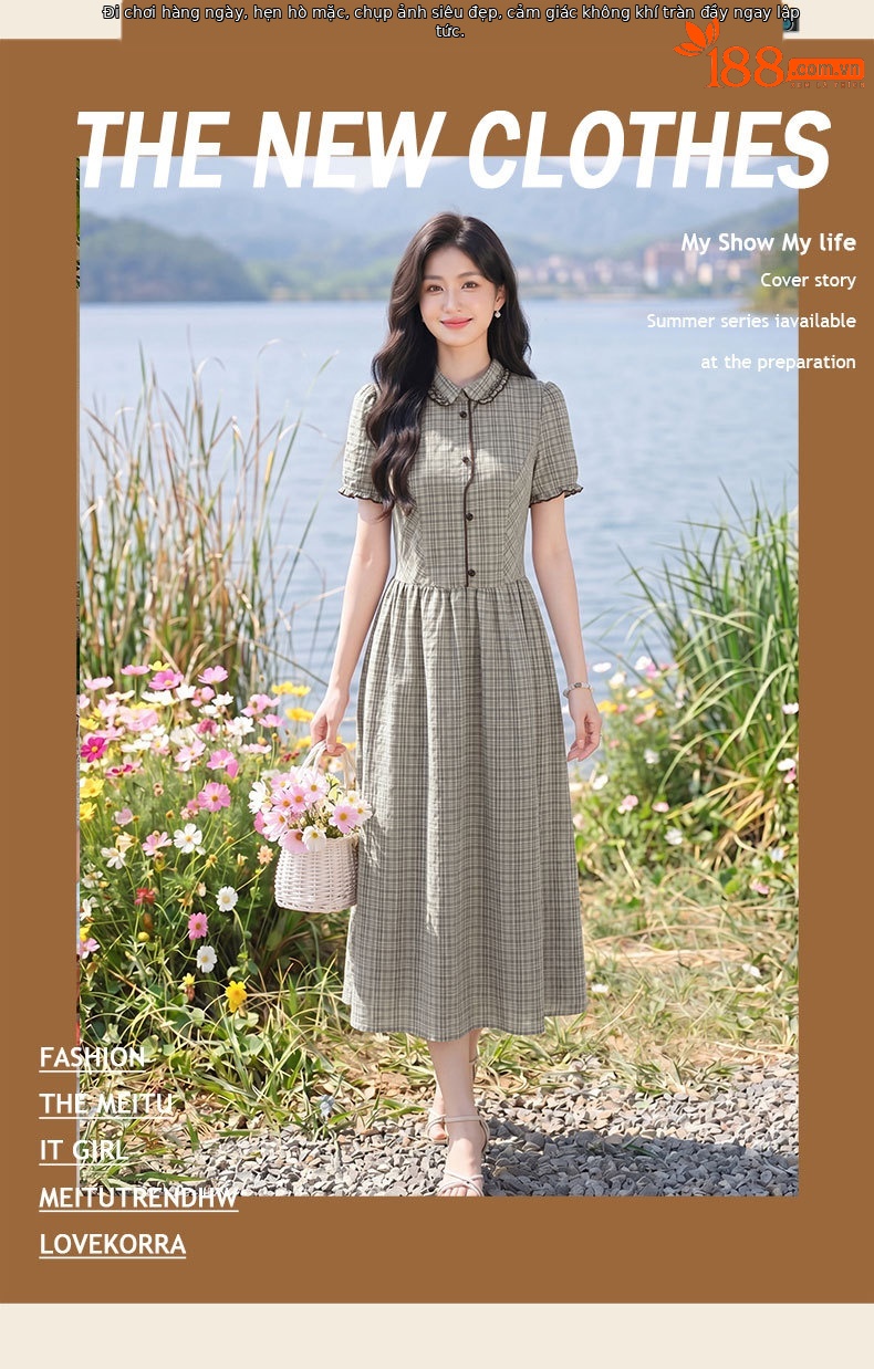 Đầm maxi nữ thắt eo họa tiết kẻ caro phong cách vintage — Màu ảnh chi tiết 4