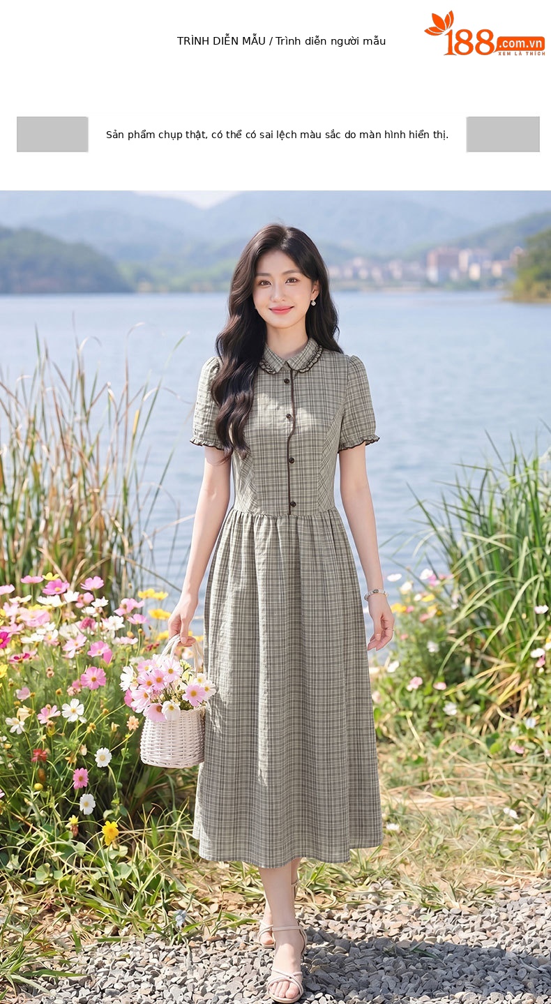 Đầm maxi nữ thắt eo họa tiết kẻ caro phong cách vintage — Màu ảnh chi tiết 5