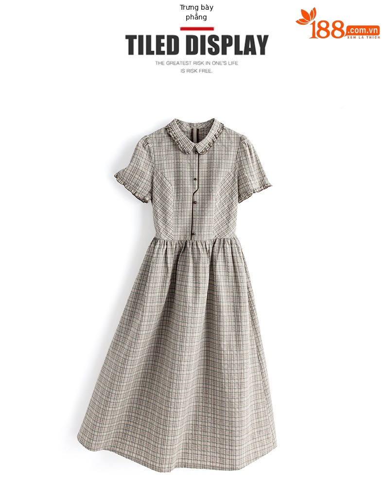 Đầm maxi nữ thắt eo họa tiết kẻ caro phong cách vintage — Màu ảnh chi tiết 13