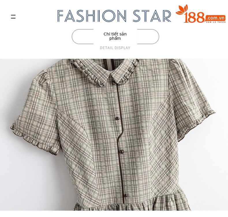 Đầm maxi nữ thắt eo họa tiết kẻ caro phong cách vintage — Màu ảnh chi tiết 15