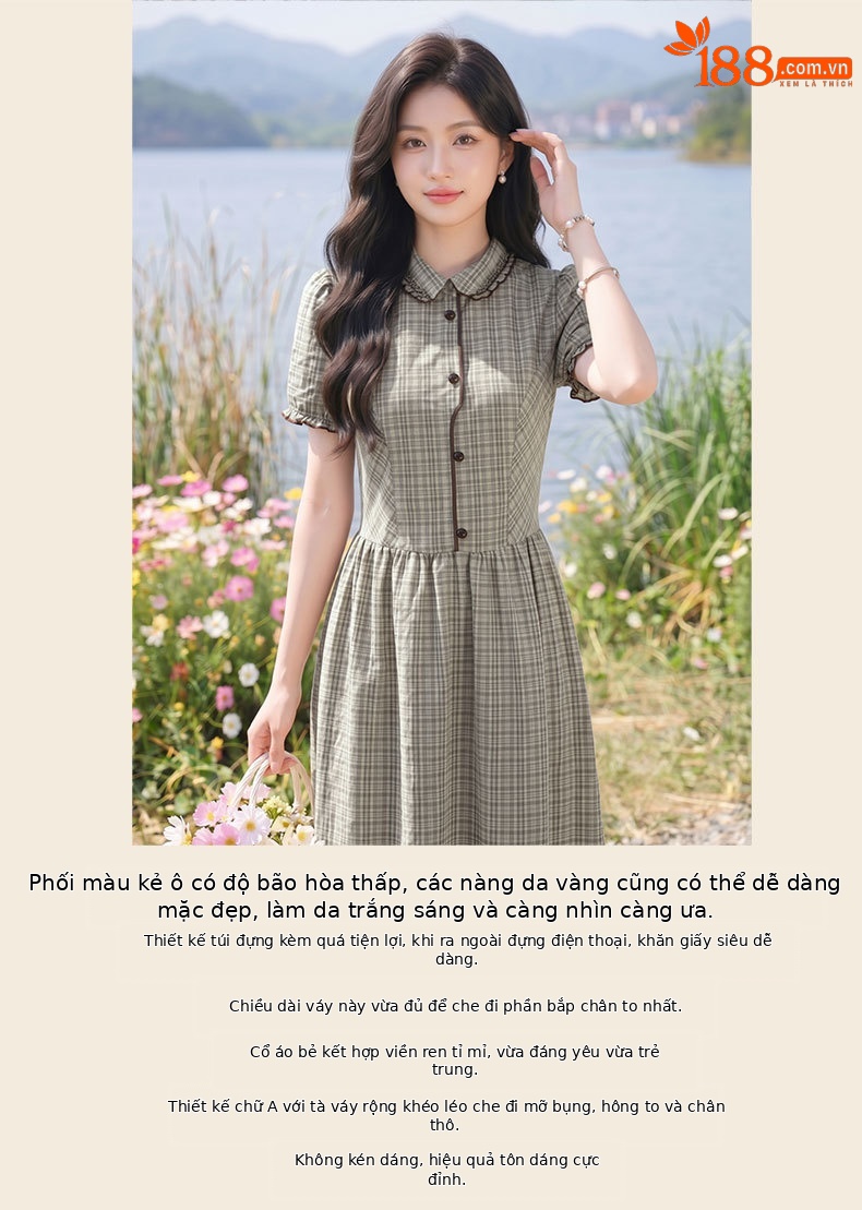 Đầm maxi nữ thắt eo họa tiết kẻ caro phong cách vintage — Màu ảnh chi tiết 3