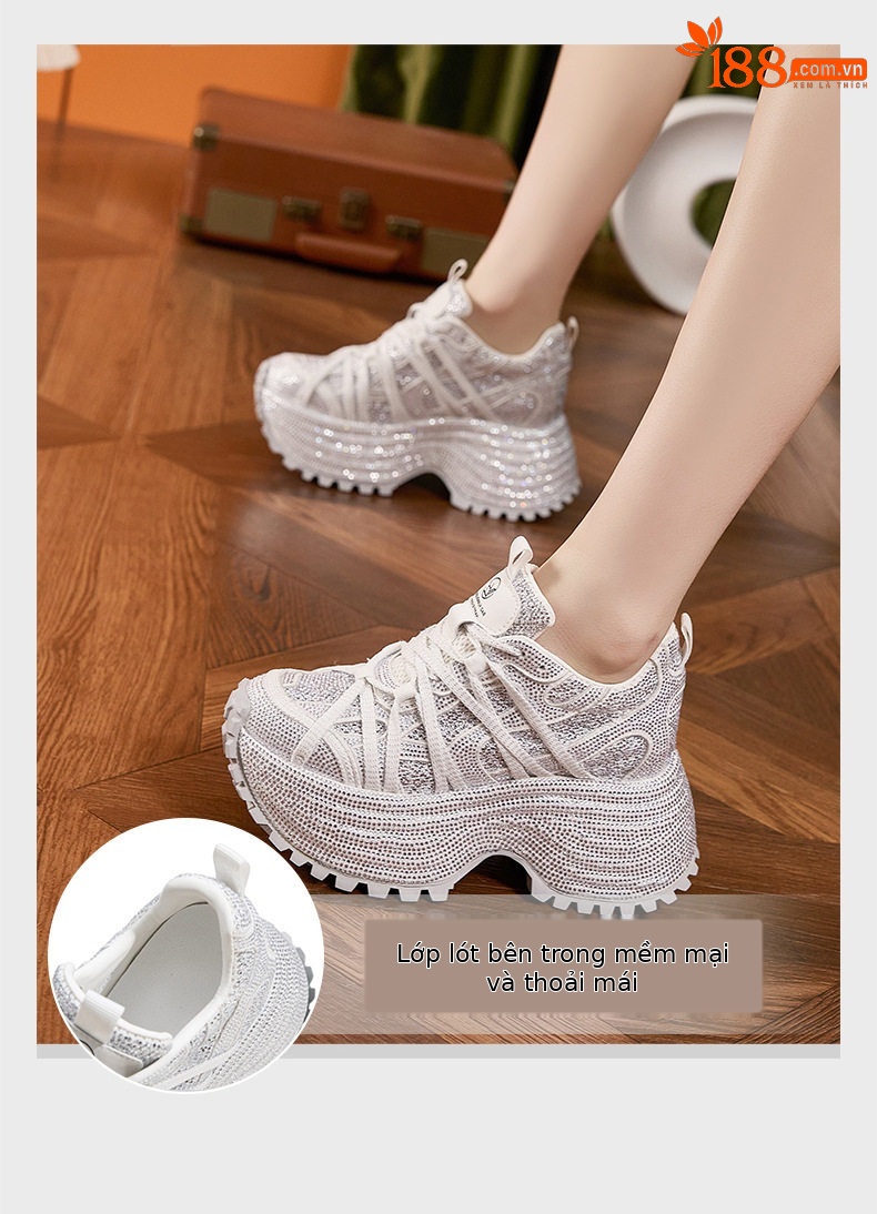 Sandal cao gót nữ hở mũi quai ngang đế dày, gót siêu cao 8 cm, phối đá lấp lánh — Đen, Bạc, Trắng chi tiết 5