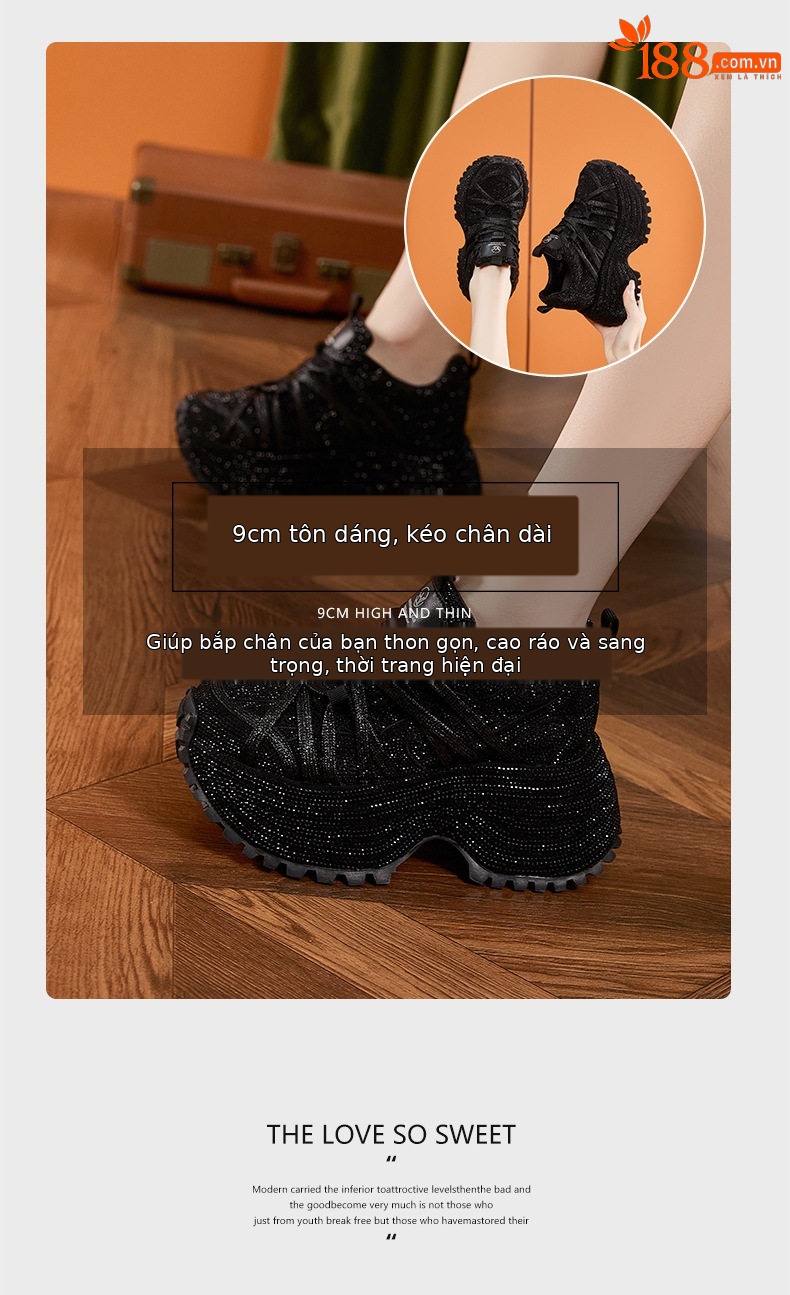 Sandal cao gót nữ hở mũi quai ngang đế dày, gót siêu cao 8 cm, phối đá lấp lánh — Đen, Bạc, Trắng chi tiết 9