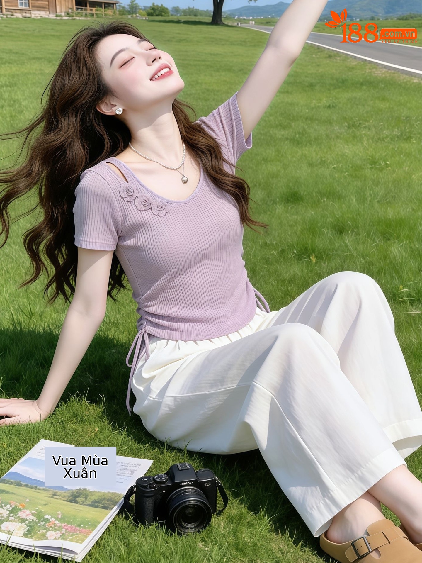 Áo thun nữ cổ V tay ngắn họa tiết hoa nổi 3D thắt eo dây rút — màu tím