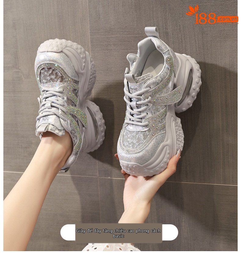 Giày sneaker nữ đế dày lưới thoáng khí đính đá pha lê — màu trắng chi tiết 1