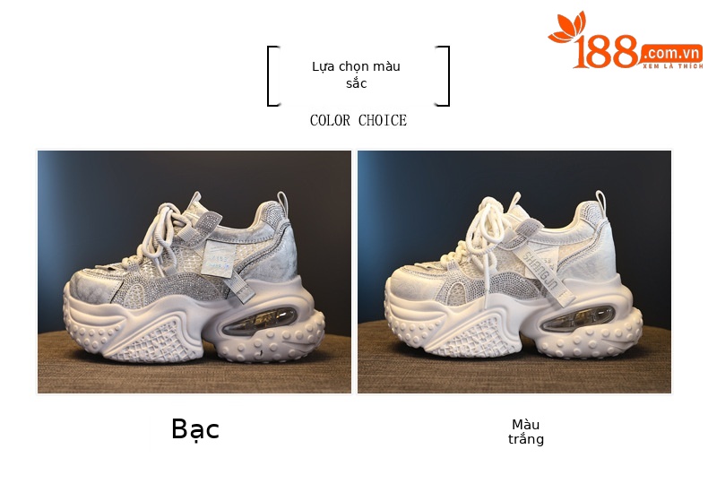 Giày sneaker nữ đế dày lưới thoáng khí đính đá pha lê — màu trắng chi tiết 2