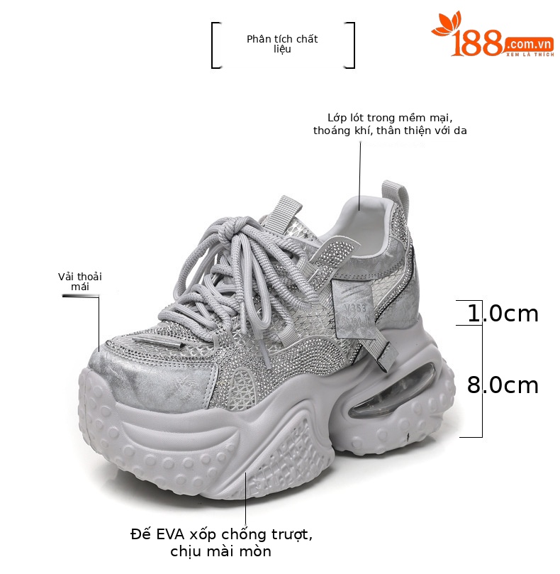 Giày sneaker nữ đế dày lưới thoáng khí đính đá pha lê — màu trắng chi tiết 3