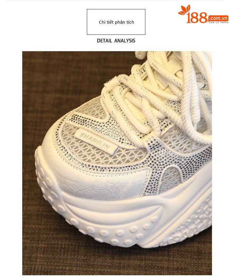 Giày sneaker nữ đế dày lưới thoáng khí đính đá pha lê — màu trắng chi tiết 7