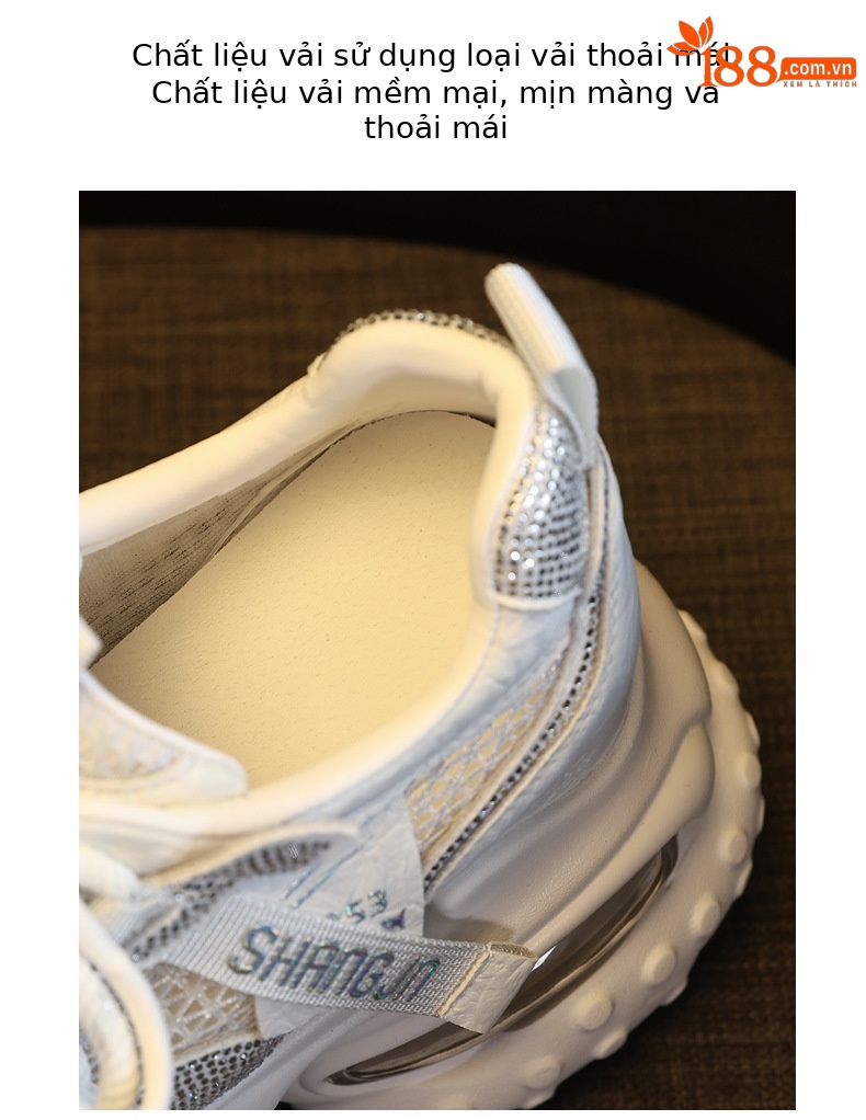 Giày sneaker nữ đế dày lưới thoáng khí đính đá pha lê — màu trắng chi tiết 8