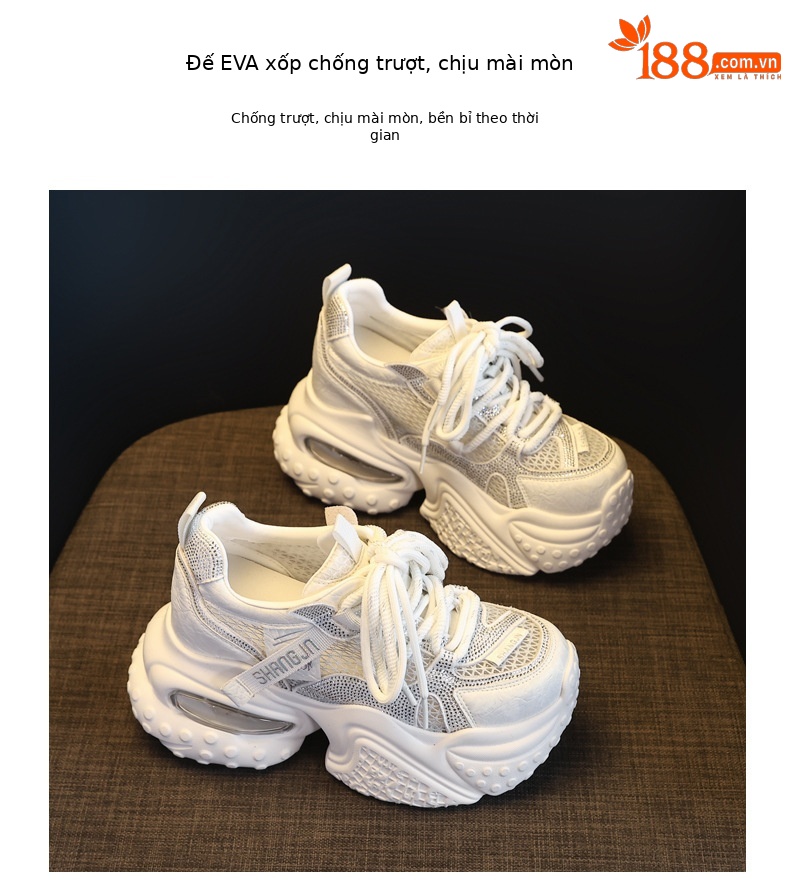 Giày sneaker nữ đế dày lưới thoáng khí đính đá pha lê — màu trắng chi tiết 10