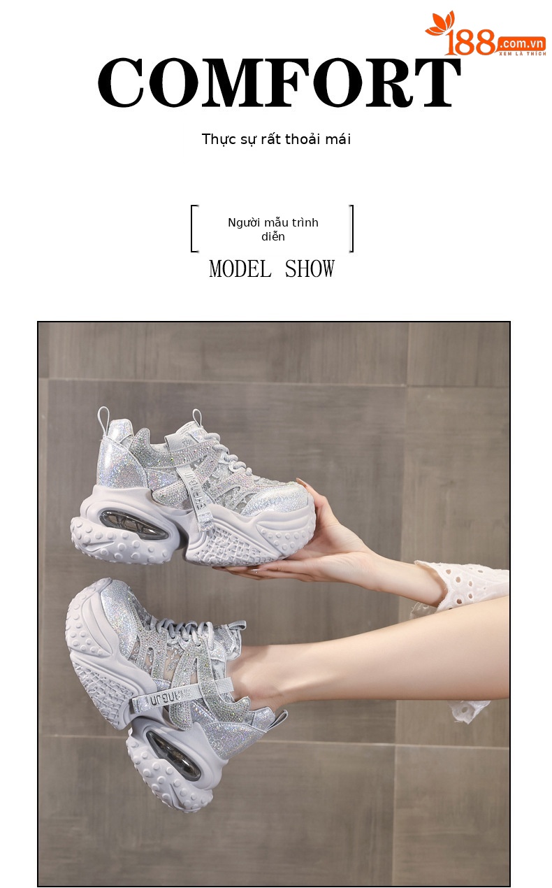 Giày sneaker nữ đế dày lưới thoáng khí đính đá pha lê — màu trắng chi tiết 11