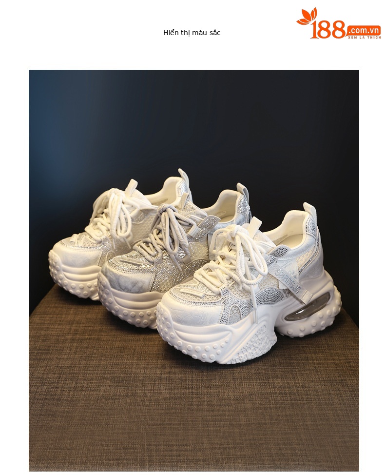 Giày sneaker nữ đế dày lưới thoáng khí đính đá pha lê — màu trắng chi tiết 18