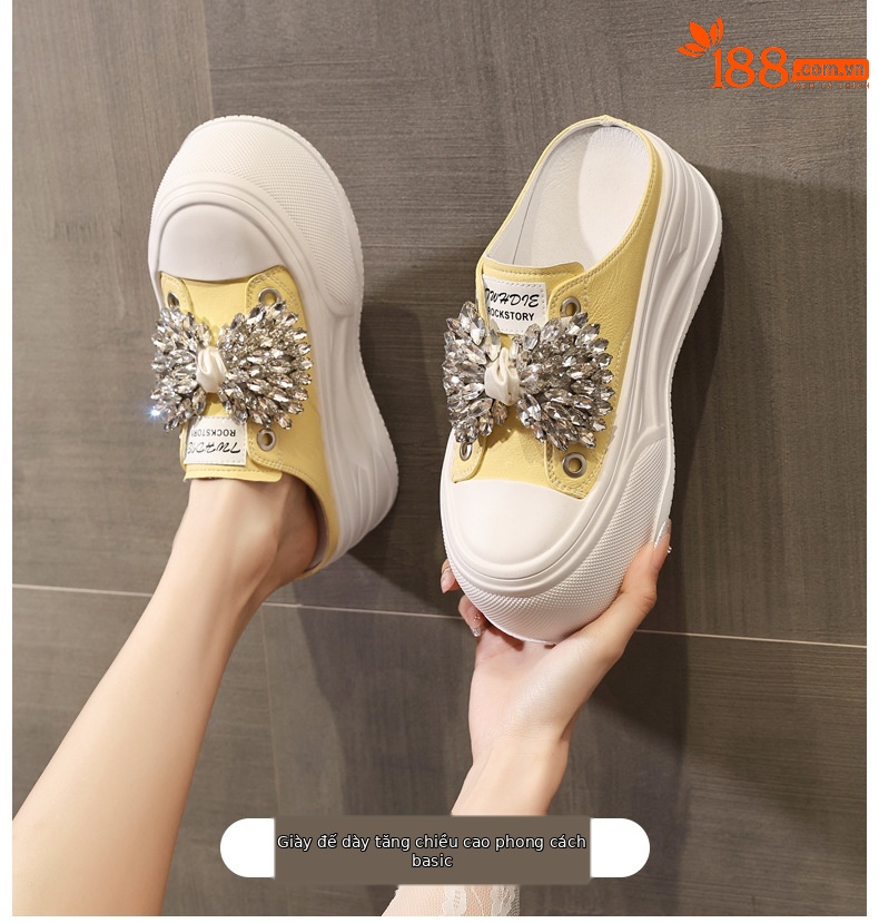 Dép nữ đế dày tăng chiều cao mũi trùm đính đá phong cách casual — màu đen, màu trắng, màu vàng chi tiết 1