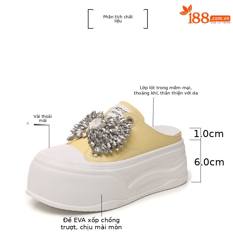 Dép nữ đế dày tăng chiều cao mũi trùm đính đá phong cách casual — màu đen, màu trắng, màu vàng chi tiết 2