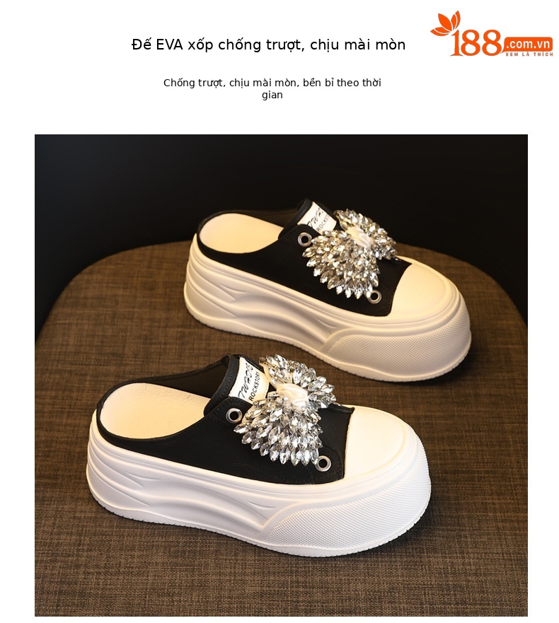 Dép nữ đế dày tăng chiều cao mũi trùm đính đá phong cách casual — màu đen, màu trắng, màu vàng chi tiết 9