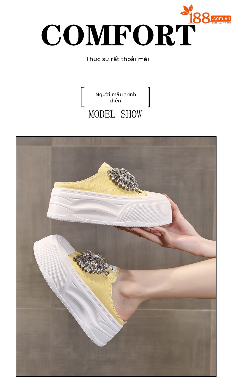 Dép nữ đế dày tăng chiều cao mũi trùm đính đá phong cách casual — màu đen, màu trắng, màu vàng chi tiết 10