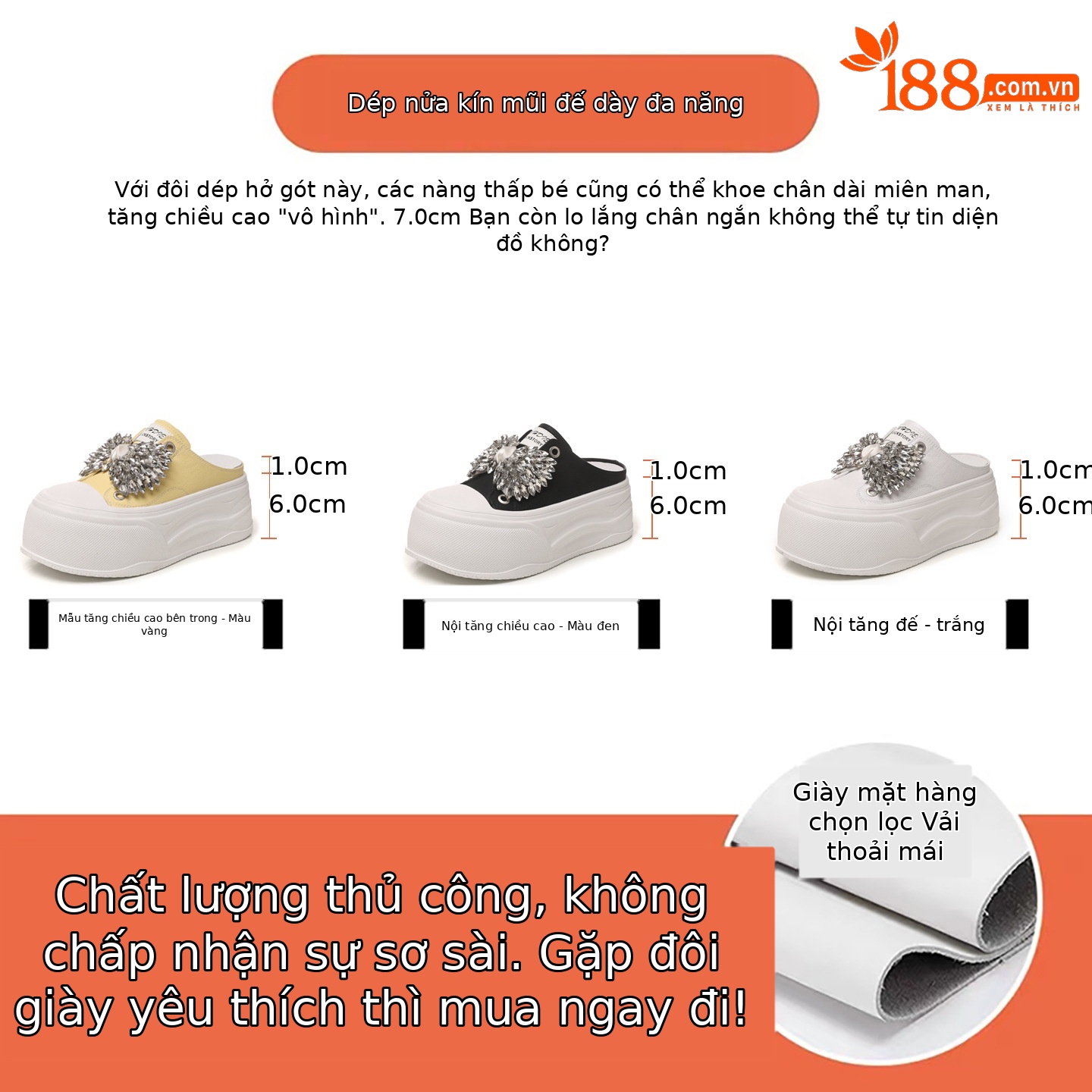 Dép nữ đế dày tăng chiều cao mũi trùm đính đá phong cách casual — màu đen, màu trắng, màu vàng