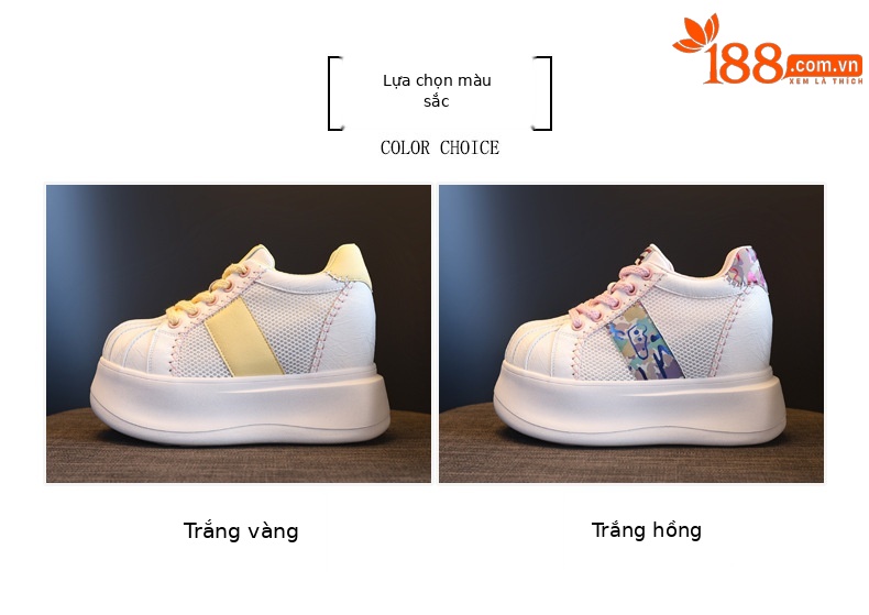 Giày sneaker nữ đế dày tăng chiều cao lưới thoáng khí phối màu trắng hồng — Trắng hồng chi tiết 2