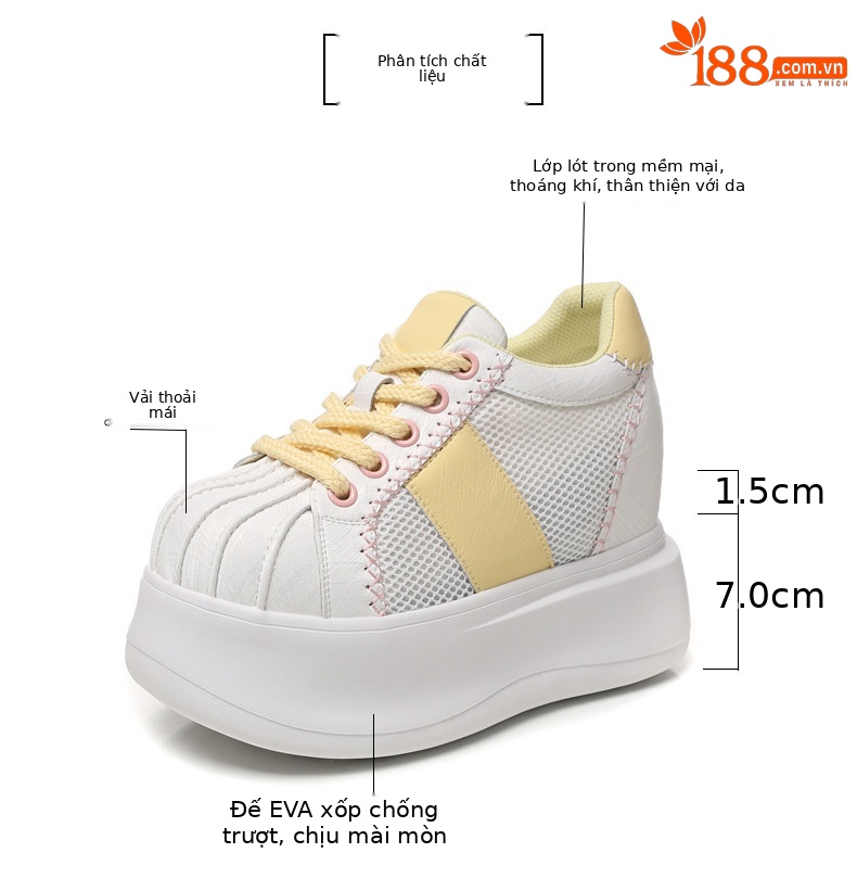 Giày sneaker nữ đế dày tăng chiều cao lưới thoáng khí phối màu trắng hồng — Trắng hồng chi tiết 3