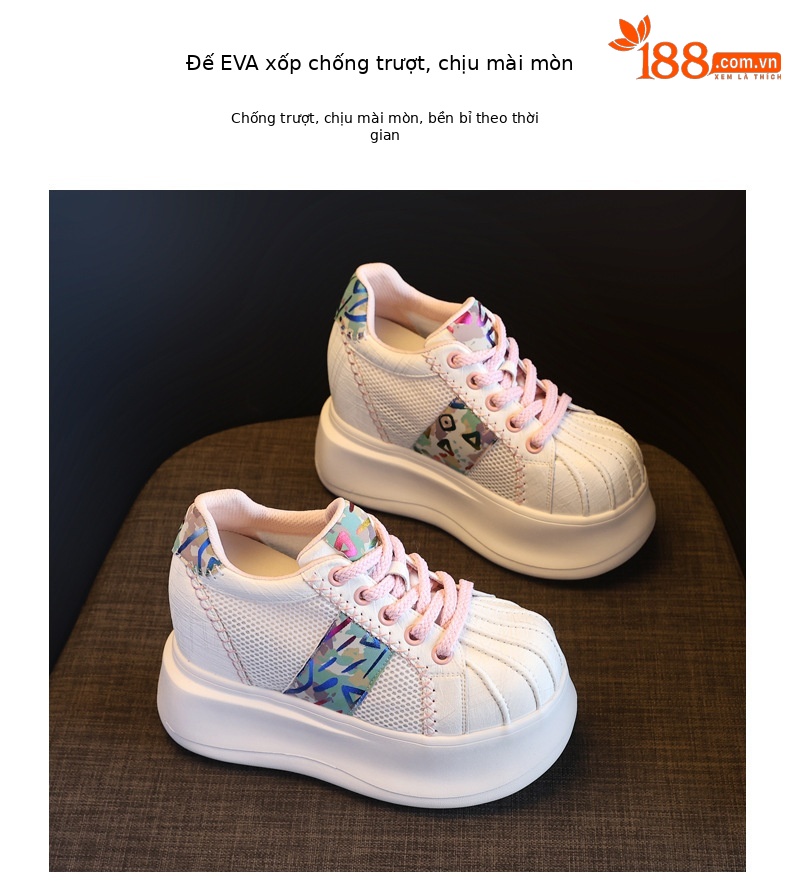 Giày sneaker nữ đế dày tăng chiều cao lưới thoáng khí phối màu trắng hồng — Trắng hồng chi tiết 10