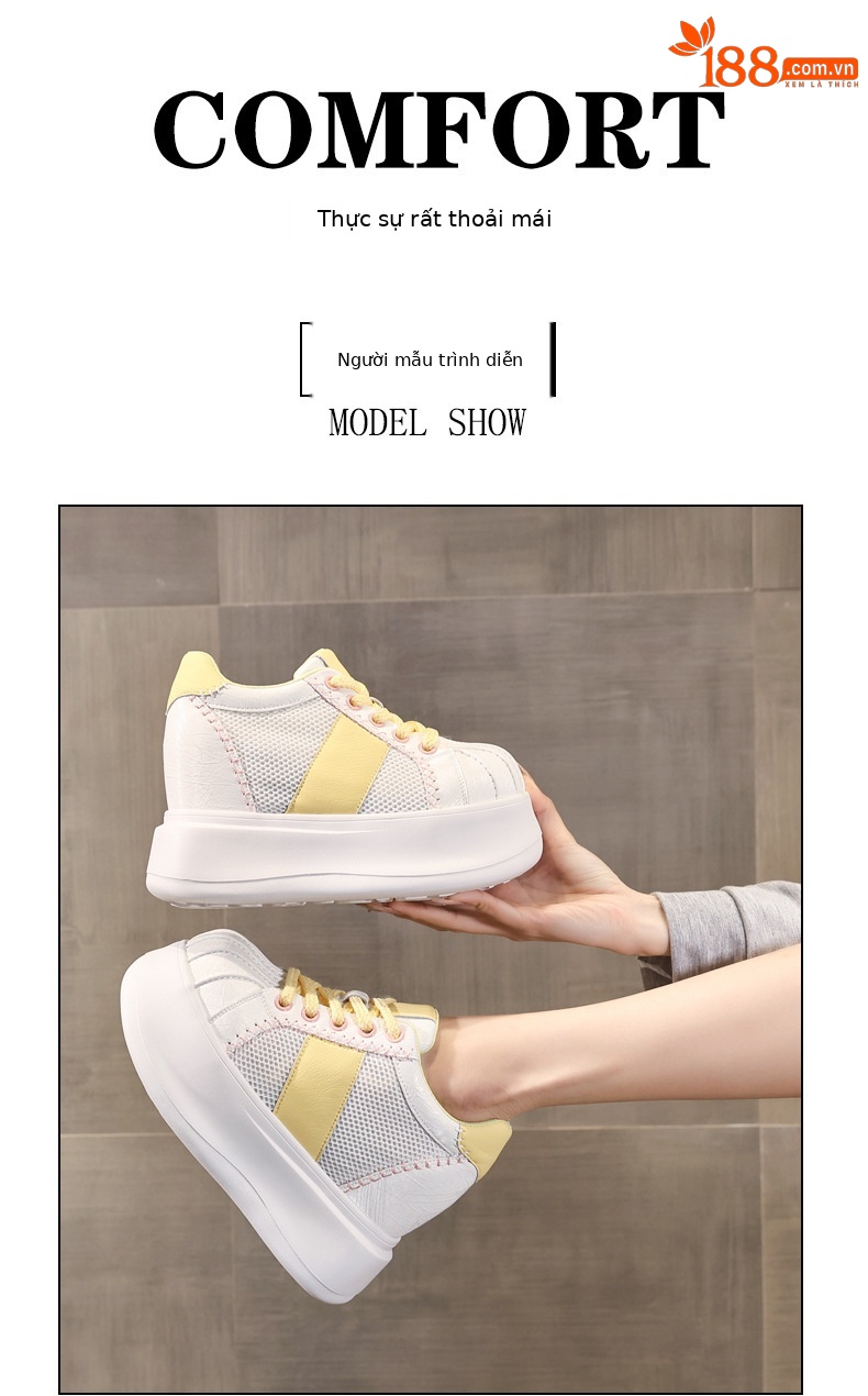 Giày sneaker nữ đế dày tăng chiều cao lưới thoáng khí phối màu trắng hồng — Trắng hồng chi tiết 11