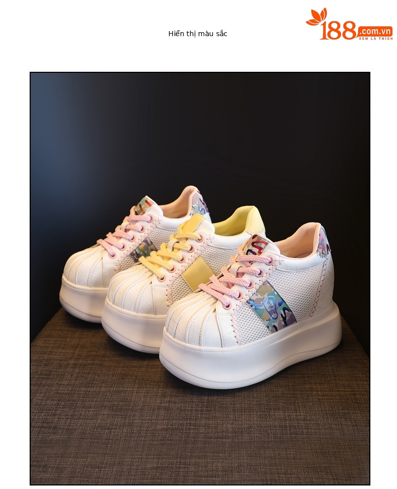 Giày sneaker nữ đế dày tăng chiều cao lưới thoáng khí phối màu trắng hồng — Trắng hồng chi tiết 18