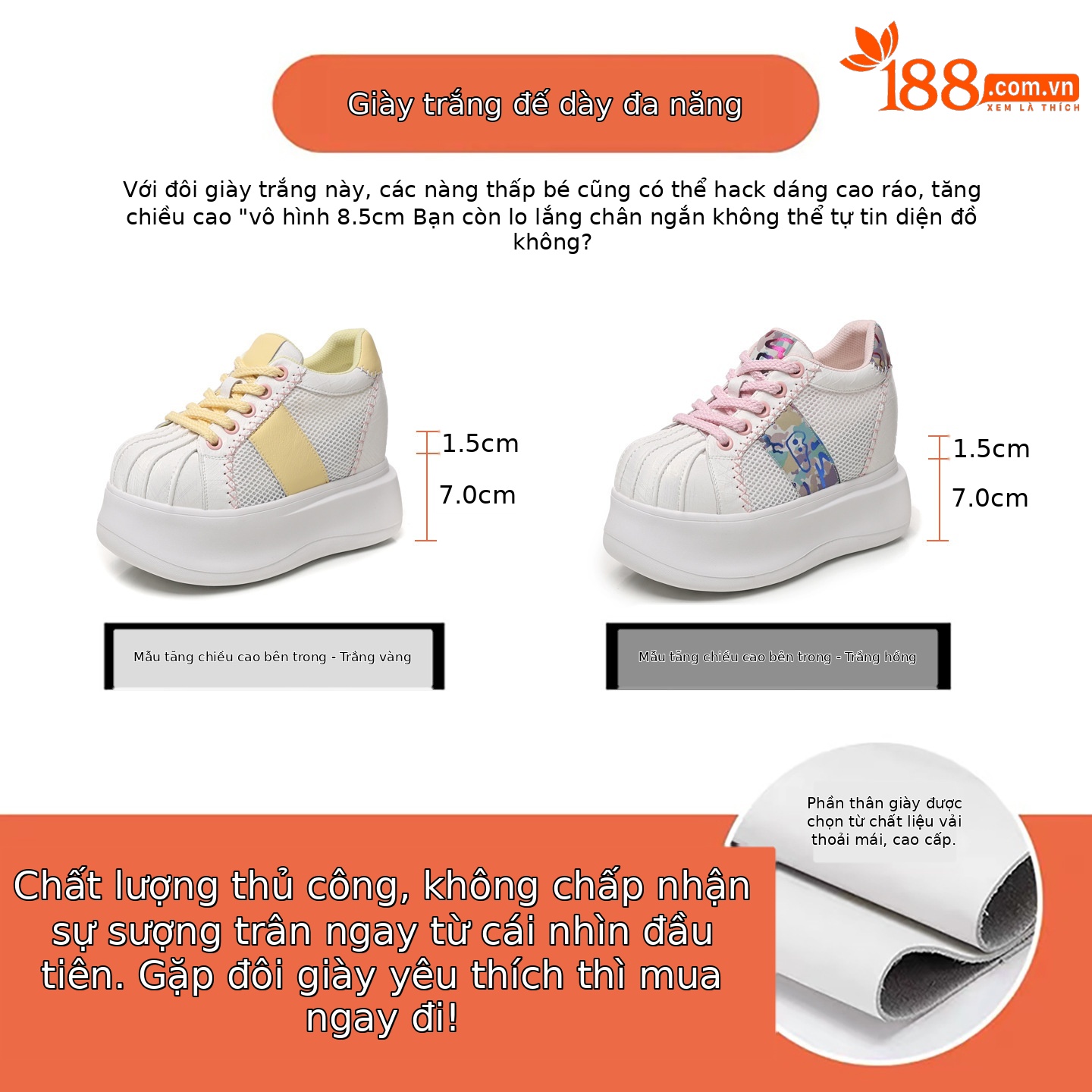 Giày sneaker nữ đế dày tăng chiều cao lưới thoáng khí phối màu trắng hồng — Trắng hồng