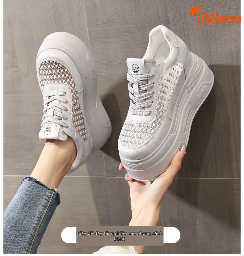 Giày sneaker nữ đế dày lưới thoáng, phối đá rhinestone, tăng chiều cao — màu trắng chi tiết 1