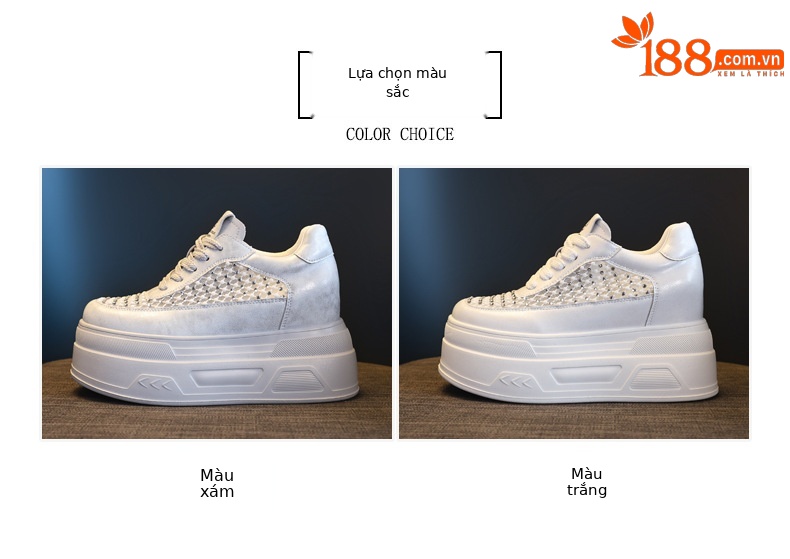 Giày sneaker nữ đế dày lưới thoáng, phối đá rhinestone, tăng chiều cao — màu trắng chi tiết 2
