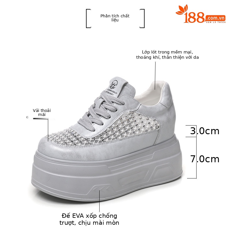 Giày sneaker nữ đế dày lưới thoáng, phối đá rhinestone, tăng chiều cao — màu trắng chi tiết 3